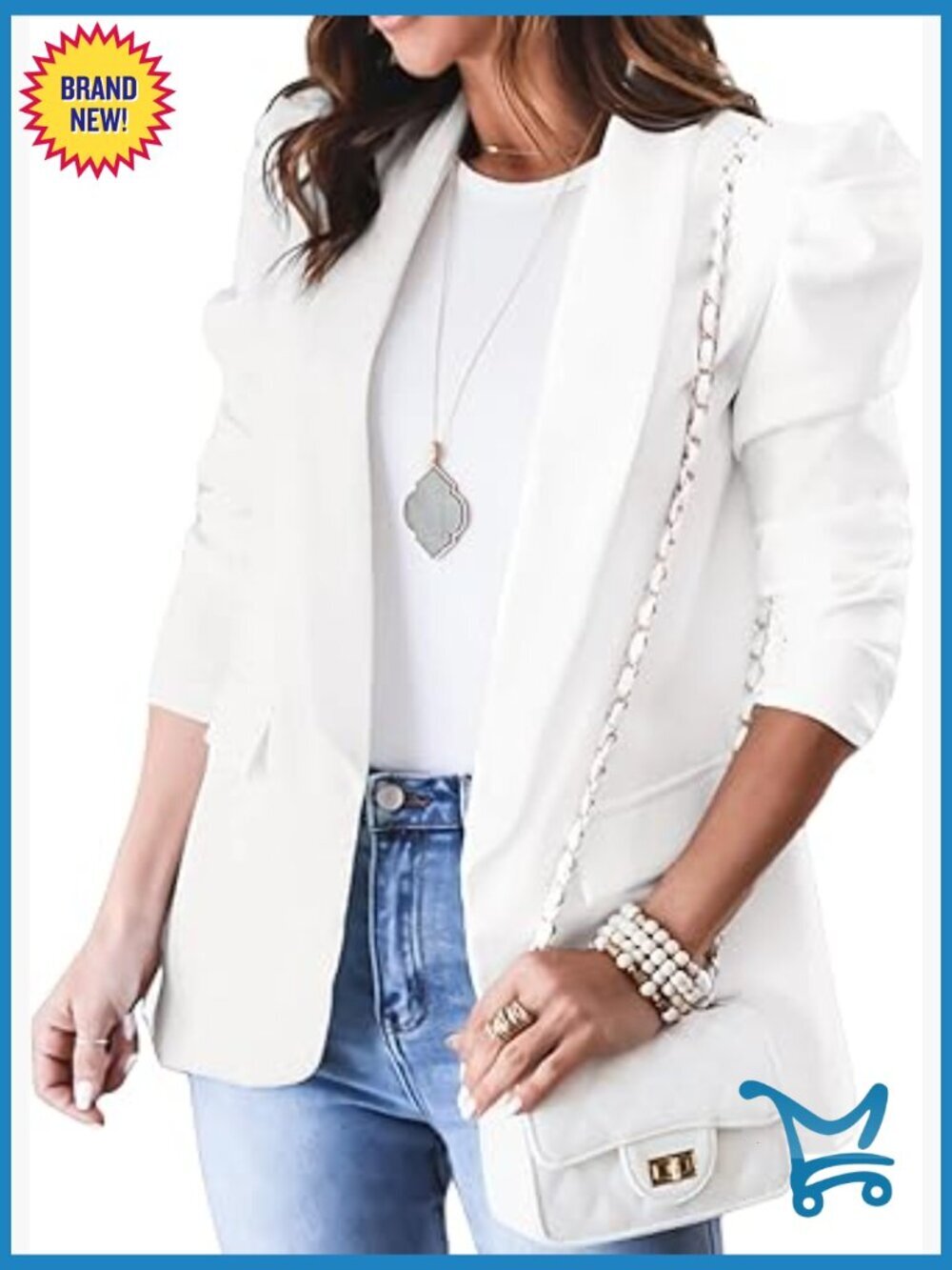 Puff Sleeve Open Front Blazer Jacket with Pockets